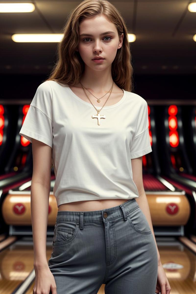 00044-125677560-_lora_kawaii7.1.3_obj20_0.75_0.25_, European woman, closeup, (shirt), pants, (bowling alley), cross necklace , ZM_danielle, wide.jpg